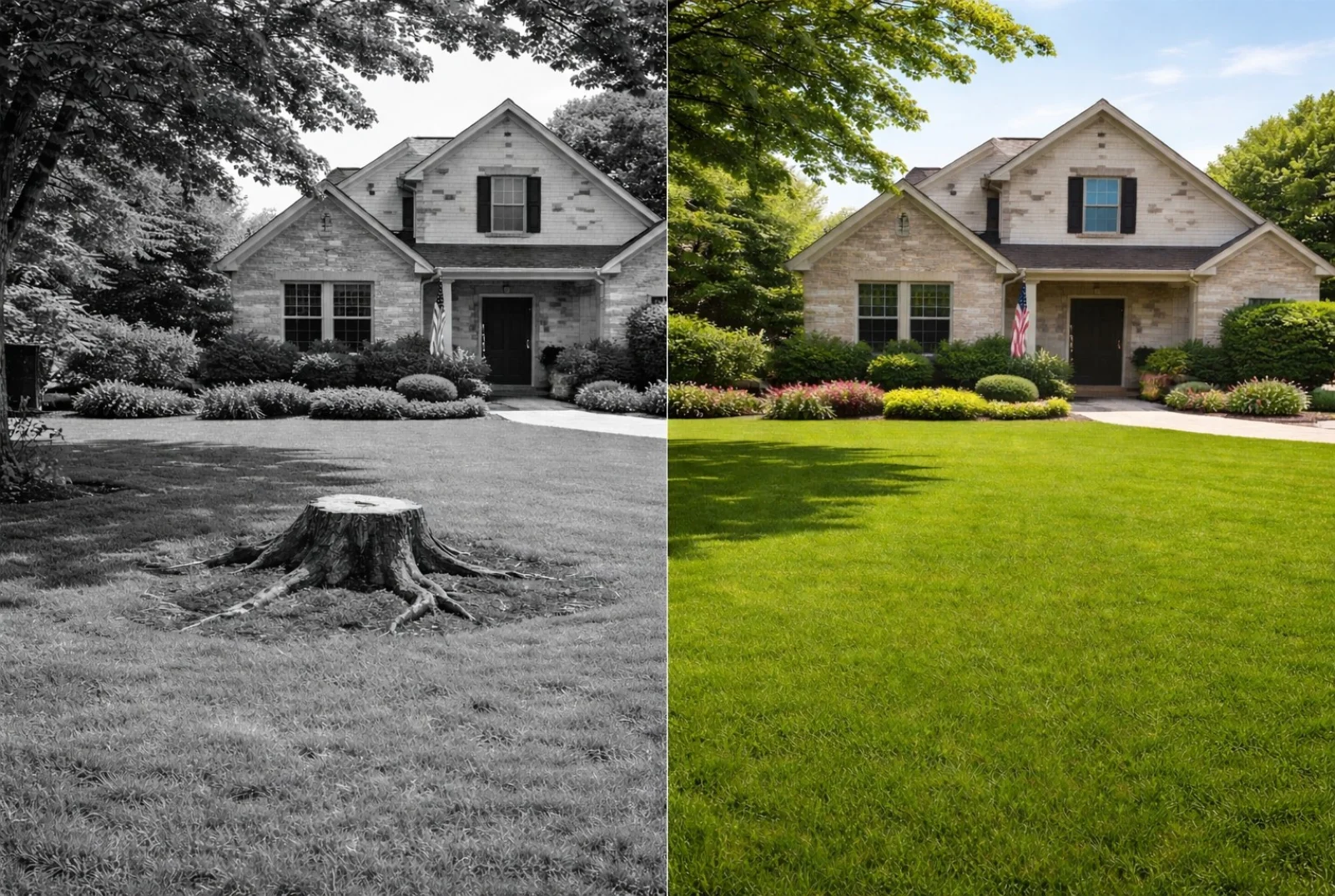 Before and after stump grinding service in Conroe TX showing yard transformation